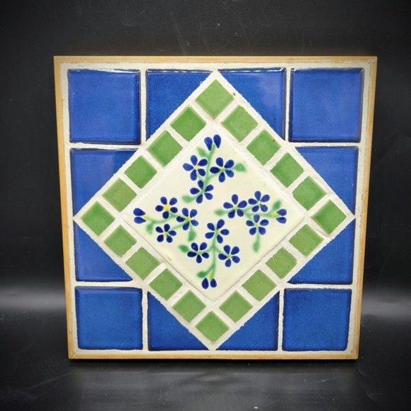 Vintage Handpainted Wildflowers Tiles Trivet or Flower Pot Holder Wood Frame - Picture 1 of 10